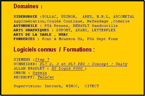 Zone de Texte: Domaines :SIDERURGIE :SOLLAC, USINOR,  ARES, H.B.L, ASCOMETALAgglom�ration,Coul�e Continue, Refendage ,CokerieAUTOMOBILE : PSA Rennes, RENAULT SandouvilleARTS GRAPHIQUES : DUPONT, ASAHI, LETTERFLEXARTS DE LA TABLE , HVACFONDERIES : Pont � Mousson SA, PSA Sept FonsLogiciels connus  /  Formations :SIEMENS :Step 7 SCHNEIDER: PL7 2, 3 et PL7 PRO ; Concept ; UnityALLAN BRADLEY : RS Logix 5000 ; OMRON : SyswinBECKHOFF: TwinCat  Supervision: Intouch, WINCC,  CITECT